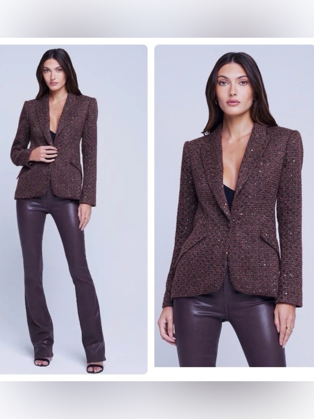 NWT $725 L'AGENCE Chamberlain Metallic Tweed Blazer Chocolate Brown